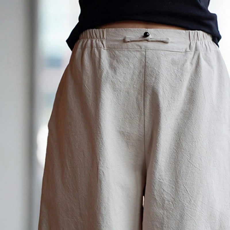Buddha Stones Summer Plain One Chinese Frog-Button Straight Leg Design Men's Cotton Linen Pants With Pockets