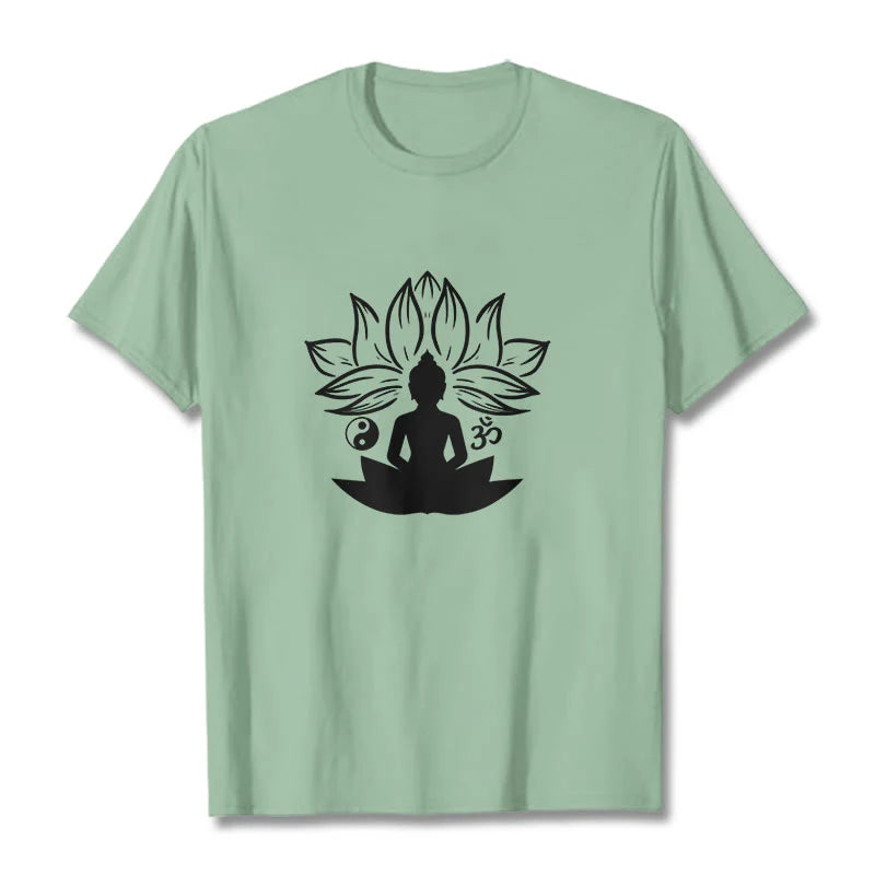 Buddha Stones Om Yin Yang Buddha Statue Sitting Lotus Meditation Tee T-shirt