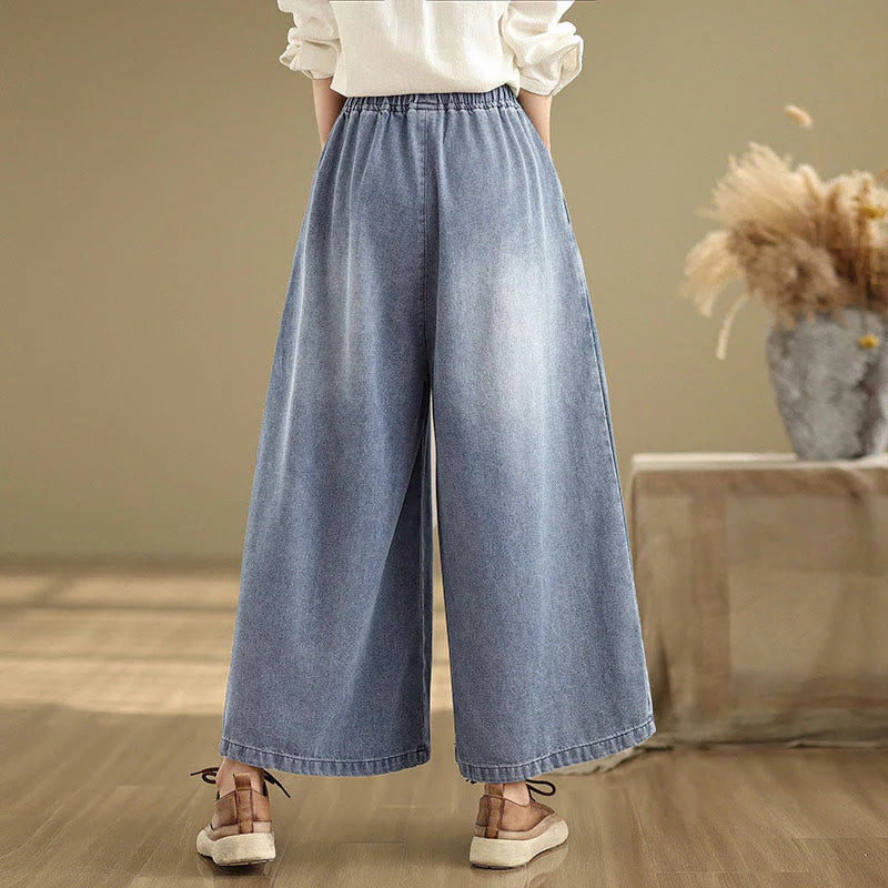 Buddha Stones Fall Vintage Distressed Design High Waist Women's Wide Leg Pants With Pockets