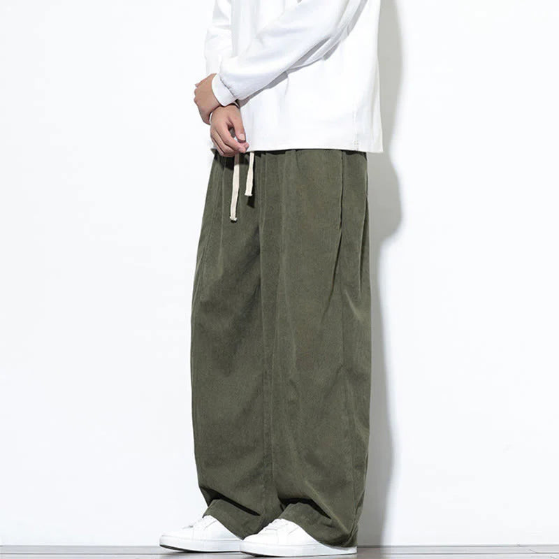 Buddha Stones Plain Drawstring Pure Cotton Corduroy Men's Harem Pants With Pockets