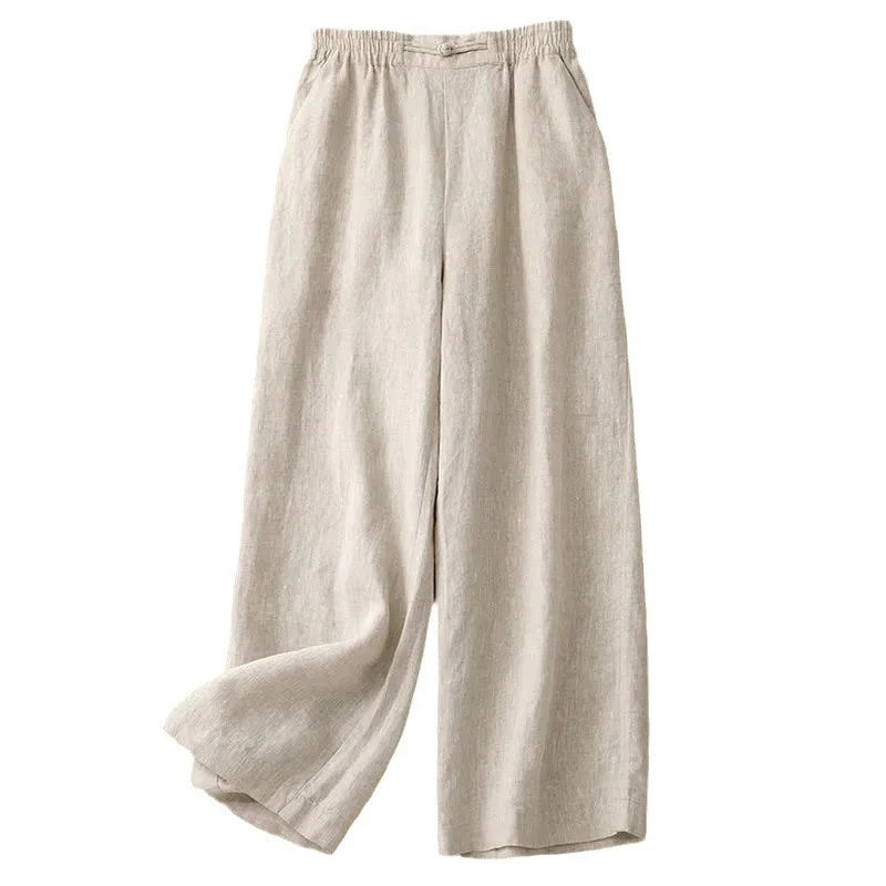 Buddha Stones Daily Solid Color Elastic Waistband Frog-Button Cotton Women's Wide Leg Pants With Pockets