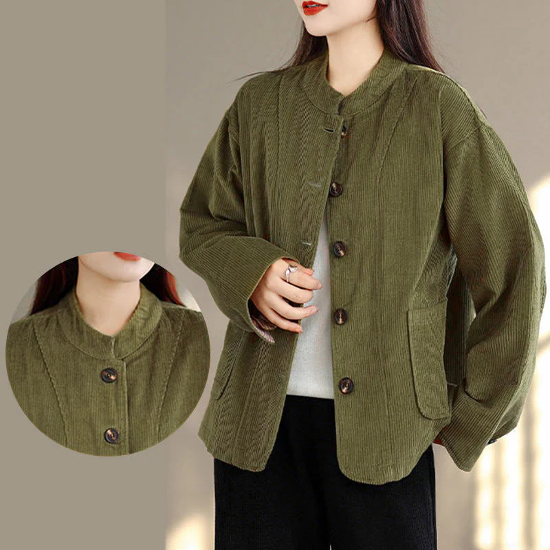 Buddha Stones Buttons Design Corduroy Long Sleeve Women's Jacket With Pockets