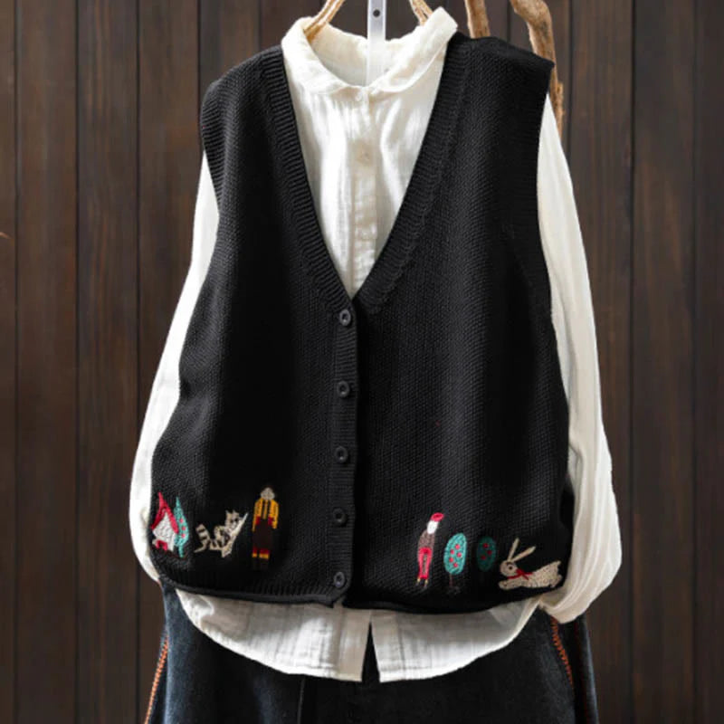 Buddha Stones Figure Rabbit Tree Embroidery Buttons Women's Sleeveless Cotton Knitted Vest Waistcoat