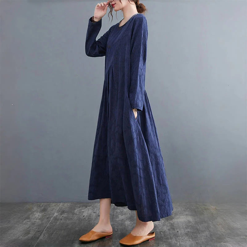 Buddha Stones Smiple Jacquard Pattern Long Sleeve Cotton Linen Women's Midi Dress With Pockets