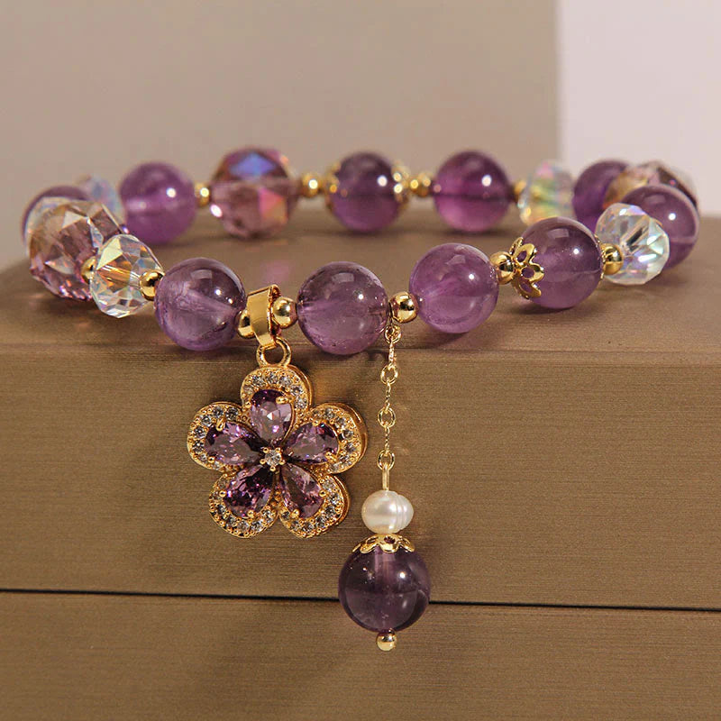 Natural Amethyst Pearl Flower Charm Positive Transformation Bracelet