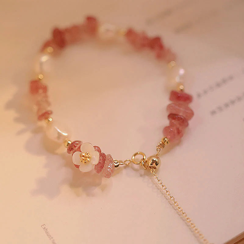 Buddha Stones White Flower Pearl Natural Irregular Strawberry Quartz Healing Chain Bracelet