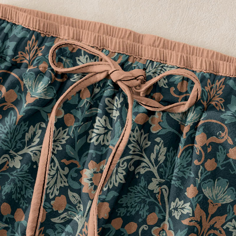 Buddha Stones Cotton Casual Flower Vine Leaves Pattern Women's Elastic Waist Pants With Pockets