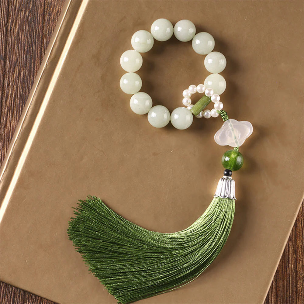 Buddha Stones Green Jade Beads Pearl Prosperity Tassels Wrist Mala