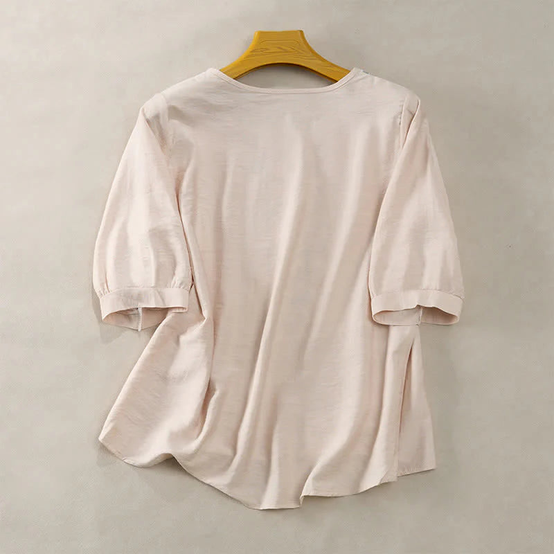 Buddha Stones Spring Boho Embroidered Cotton Linen Elbow-Length Sleeve Women's T-Shirts