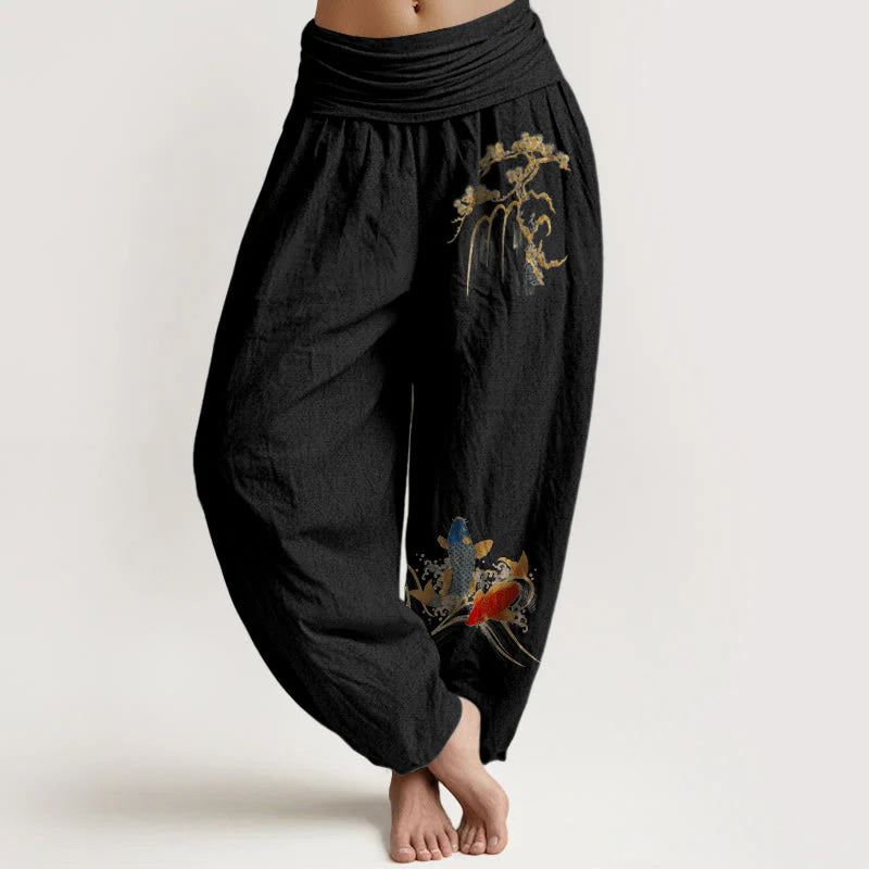 Buddha Stones Pure Cotton Pine Tree Koi Fish Pattern Women's Elastic Waist Harem Pants