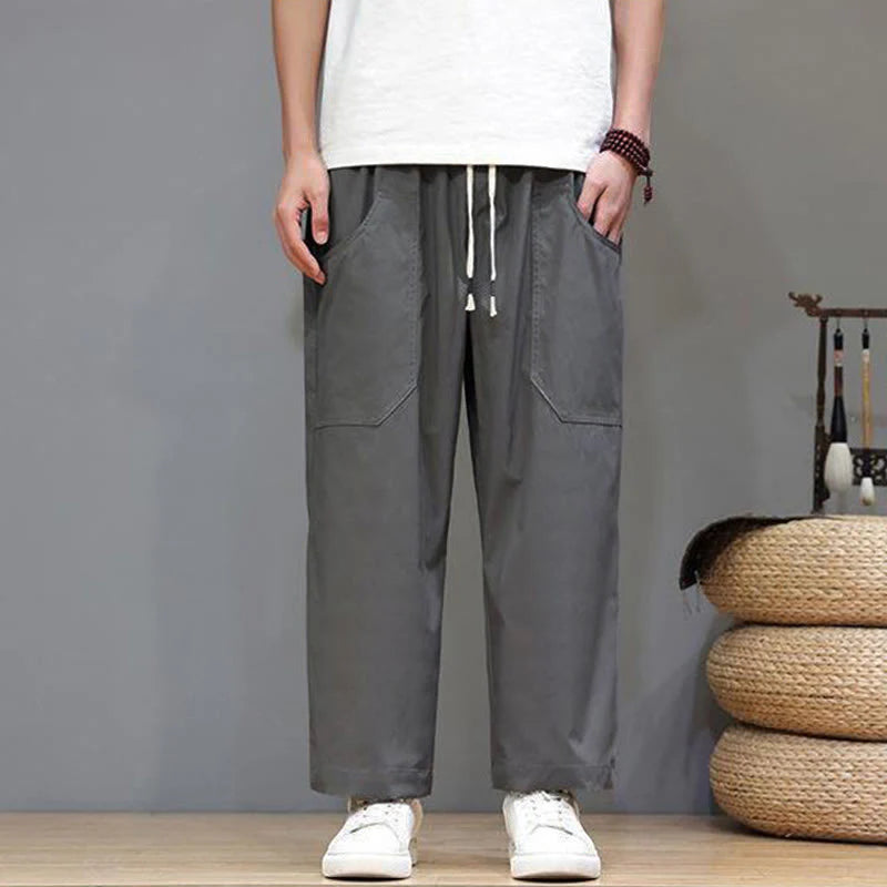 Buddha Stones Summer Solid Color Drawstring Straight Leg 7-8 Length Men's Pants With Pockets