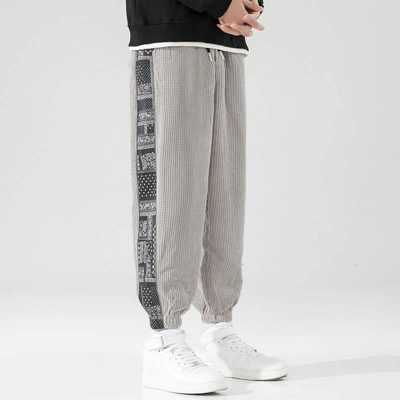 Buddha Stones Fall Solid Drawstring Side Paisley Pattern Straight Leg Ankle-length Corduroy Men's Pants With Pockets