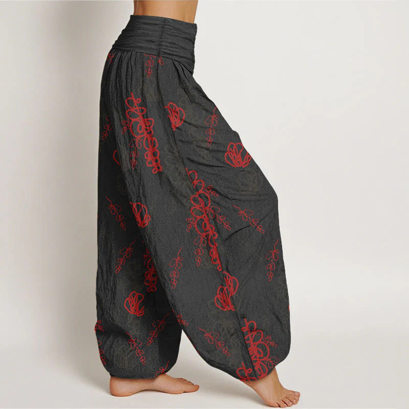 Buddha Stones Print Hand-painted Flowers Branches Pattern Women's Elastic Waist Harem Cotton Pants
