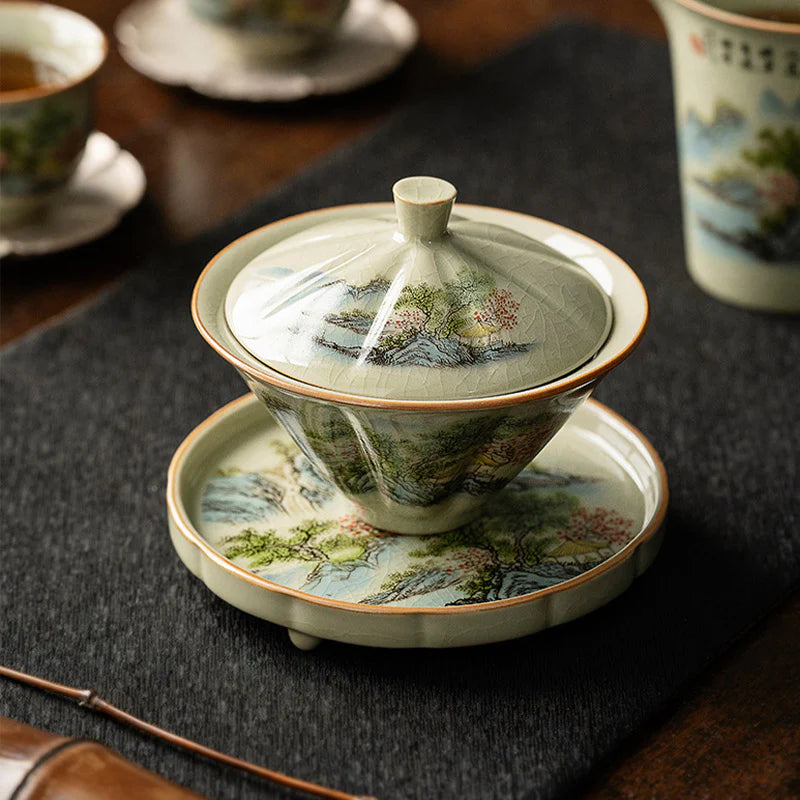 Buddha Stones Pine Mountain Forest Landscape Ceramic Gaiwan Sancai Teacup Kung Fu Tea Cup And Saucer With Lid (Extra 35% Off | USE CODE: FS35)