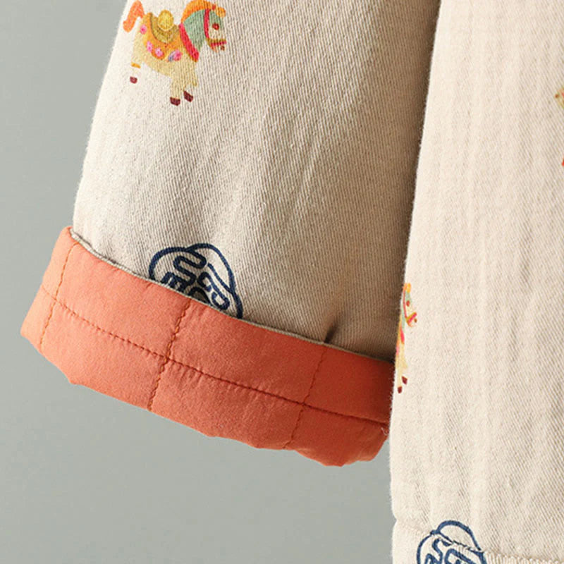 Buddha Stones Horse Fu Character Pattern Frog-Button Design Women's Long Sleeve Thickened Jacket