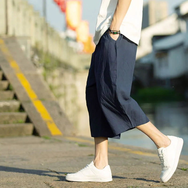 Buddha Stones Summer Plain Pleat Design Drawstring Men's 7-8 Length Cotton Linen Pants With Pockets