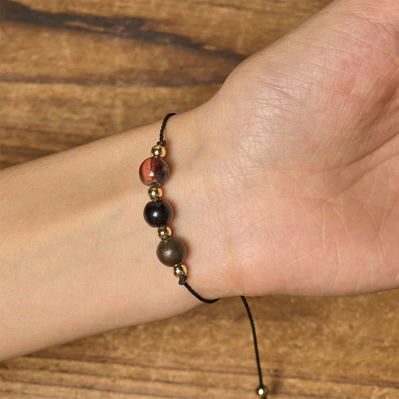 Buddha Stones Tiger Eye Black Tourmaline Pyrite Protection Card Rope Bracelet