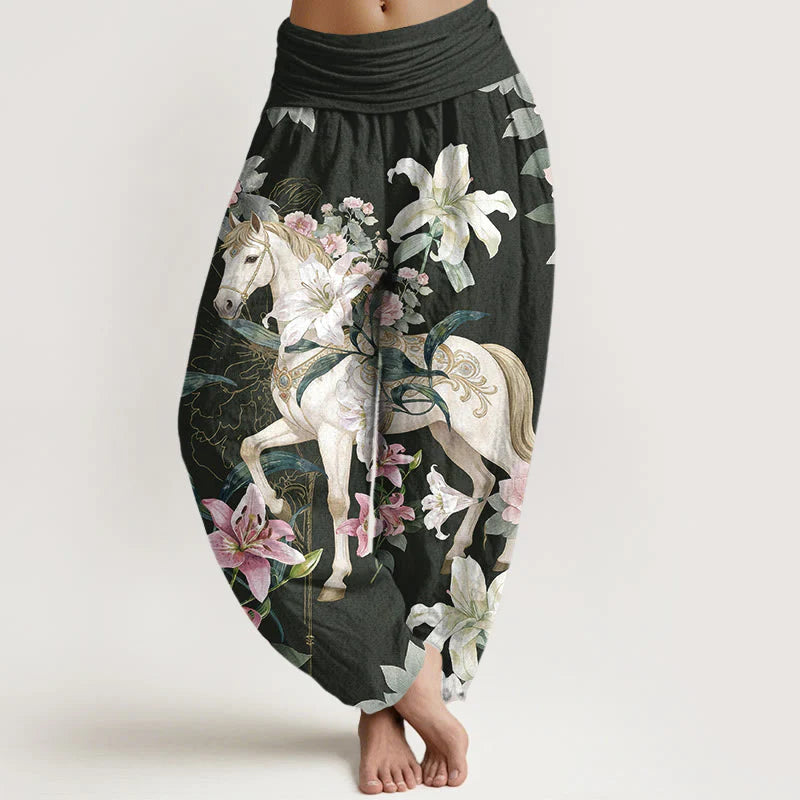 Buddha Stones Pure Cotton Romantic Horse Lily Peony Pattern Women's Elastic Waist Harem Pants