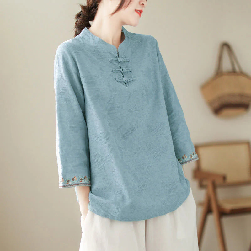 Buddha Stones Jacquard Frog-button Stand Collar Embroidered Three Quarter Sleeve Design Women's Cotton Shirt
