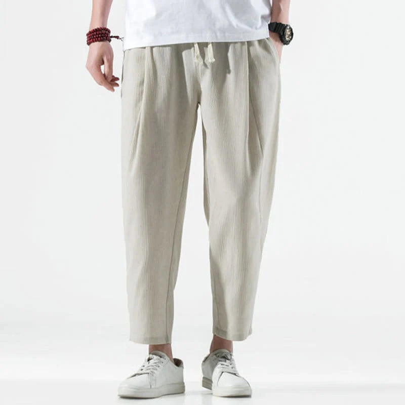 Buddha Stones Casual Plain Pleated Design Drawstring Men's Long Cotton Linen Harem Pants With Pockets