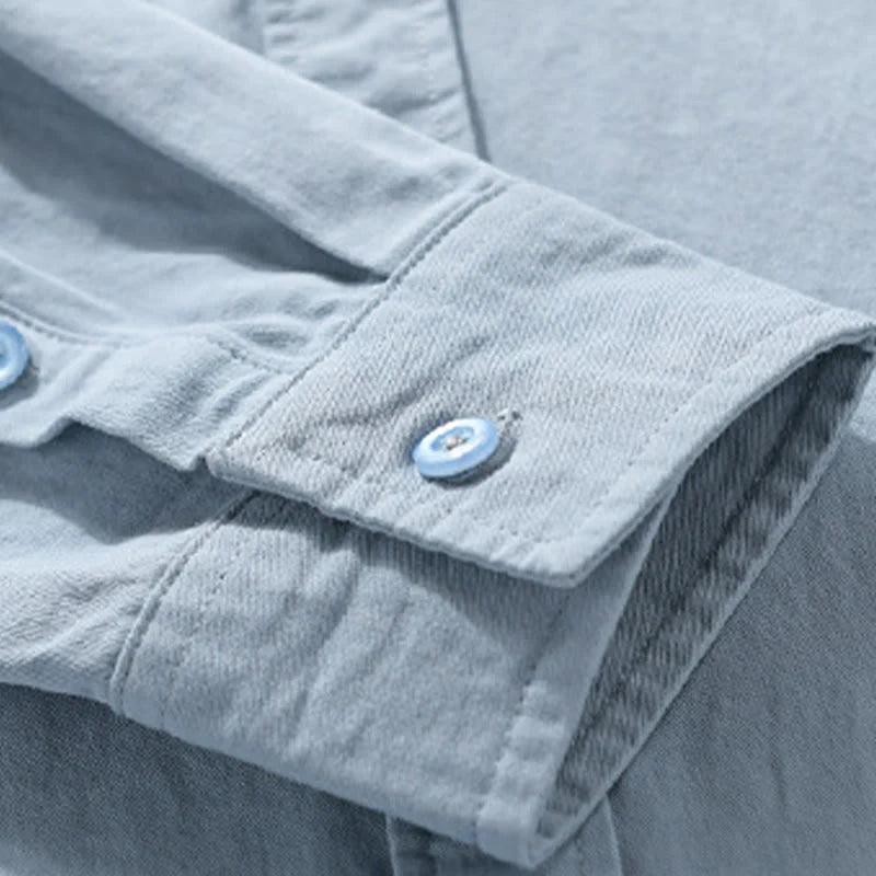 Buddha Stones Casual Solid Buttons Down Decorative Pocket Men's Stand Collar Long Sleeve Cotton Shirt