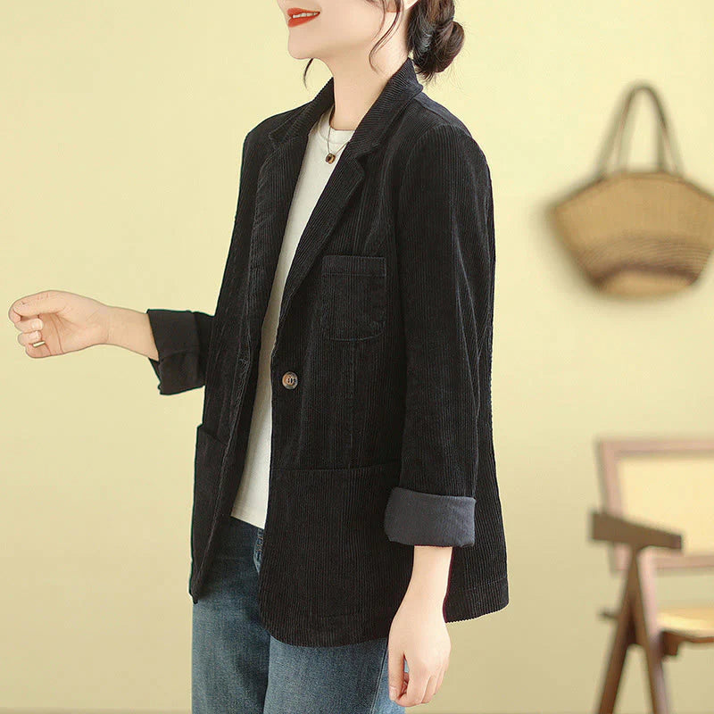 Buddha Stones Retro Plain Women's Long Sleeve Corduroy Jacket With Pockets