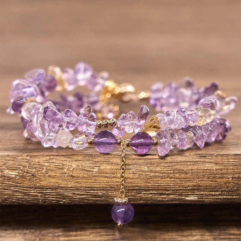 Buddha Stones Irregular Natural Amethyst Citrine Gravel Meditation Double Layer Bracelet