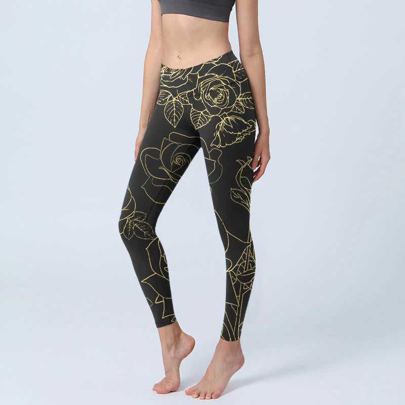 Buddha Stones Rose Flower Leaves Golden Line Pattern Print Gym Leggings Women's Yoga Pants