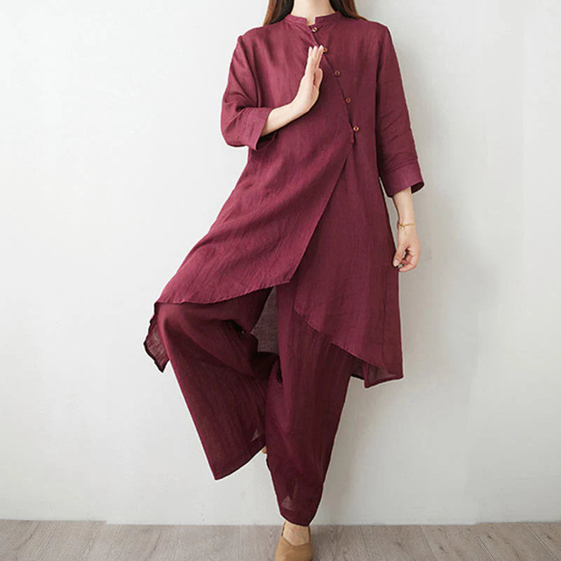 Buddha Stones Casual 2pcs Plain Three Quarter Sleeve Slanted Collar Shirt Top Wide Leg Pants With Pockets Meditation Zen Tai Chi Clothing Women's Set