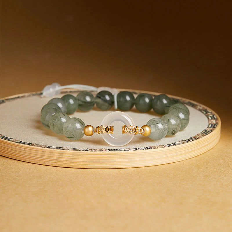 Buddha Stones 925 Sterling Silver Green Rutilated Quartz White Chalcedony Peace Buckle Courage Bracelet