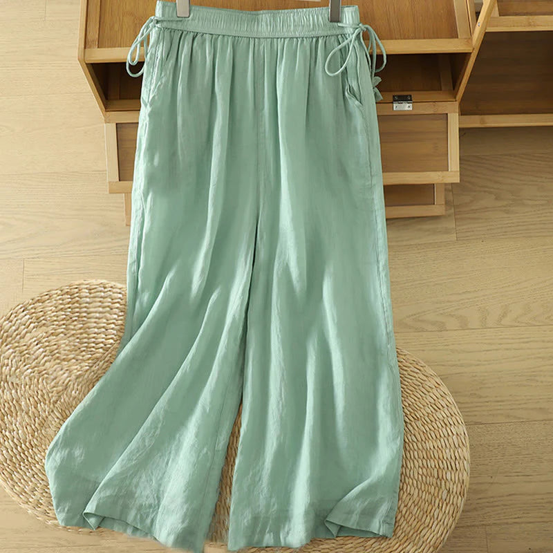 Buddha Stones Casual Plain Lined Ribbon Elastic Women's Polyester Wide Leg Pants With Pockets
