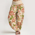 Buddha Stones Pure Cotton Bold Colors Flowers Leaves Branches Bird Pattern Women's Elastic Waist Harem Pants