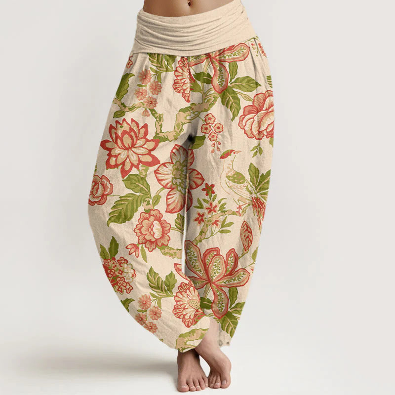 Buddha Stones Pure Cotton Bold Colors Flowers Leaves Branches Bird Pattern Women's Elastic Waist Harem Pants
