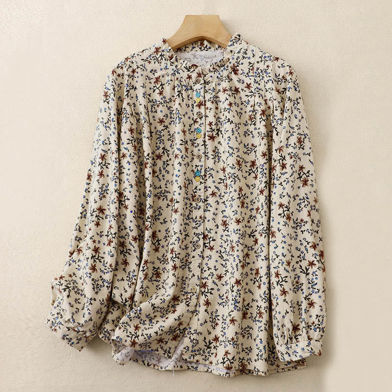 Buddha Stones Fall Floral Print Buttons Down Design Women's Cotton Long Sleeve Shirt