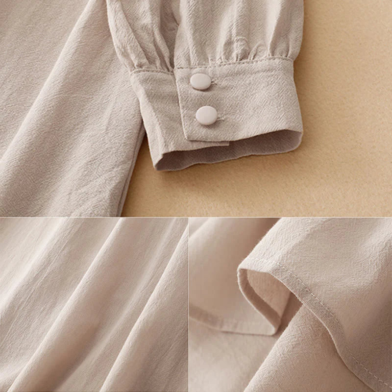 Buddha Stones Pure Color Stand Collar Double-breasted Buttons Design Cotton Long Sleeve Midi Dress