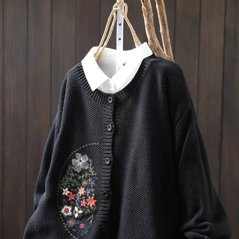 Buddha Stones Floral Embroidery Buttons Cotton Women's Long Sleeve Knitted Cardigan Sweater