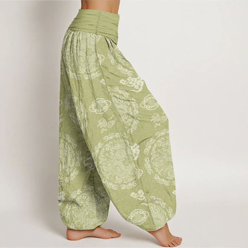 Buddha Stones Cotton Light Color Dragon Cloud Pattern Women's Elastic Waist Harem Pants