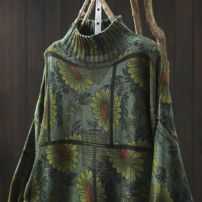 Buddha Stones Sunflower Pattern Mock Neck Long Sleeve Women's Cotton Sweater