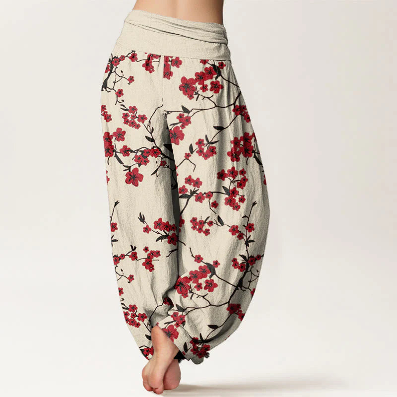 Buddha Stones Cotton Red Peach Blossom Pattern Women's Elastic Waist Harem Pants