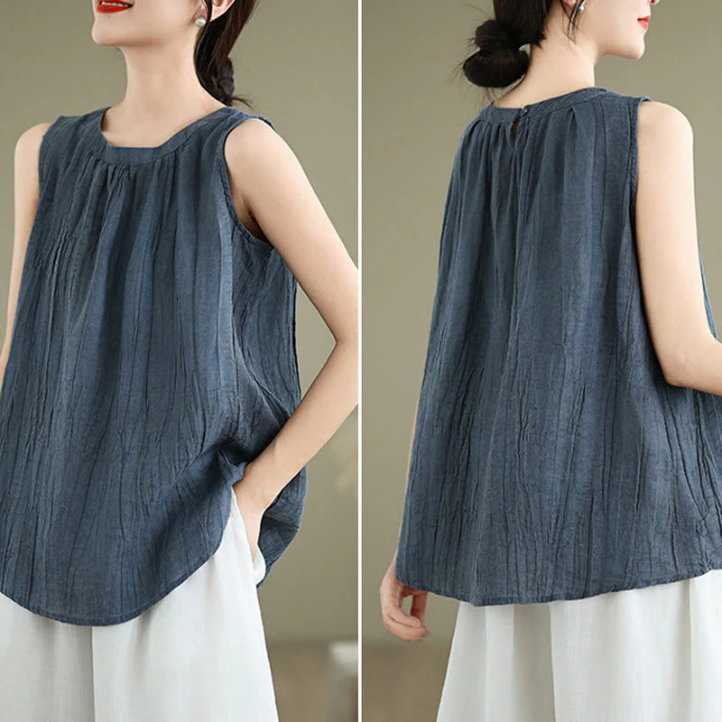 Buddha Stones Summer Wrinkles Simple Design Crew Neck Cotton Linen Women's Sleeveless Vest Waistcoat
