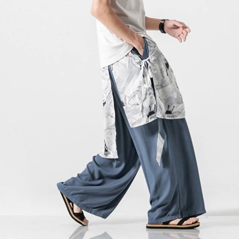 Buddha Stones Summer Flying Crane Design Cotton Men's Wide Leg Pants With Pockets