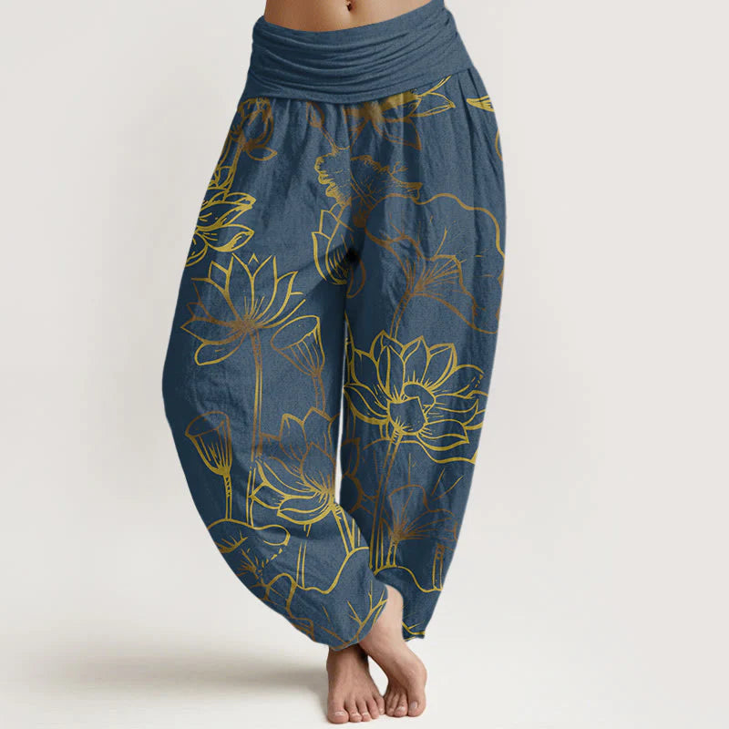 Buddha Stones Print Lotus Flowers Leaves Pattern Women's Elastic Waist Harem Cotton Pants
