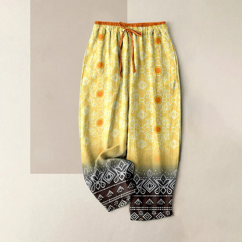 Buddha Stones Pure Cotton Geometric Diamond Motifs Dots Pattern Women's Elastic Waist Pants With Pockets