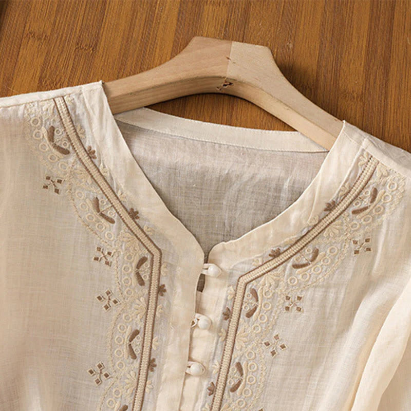 Buddha Stones Casual Embroidery Frog-Button Polyester Half Sleeve Women's V-neck Shirt