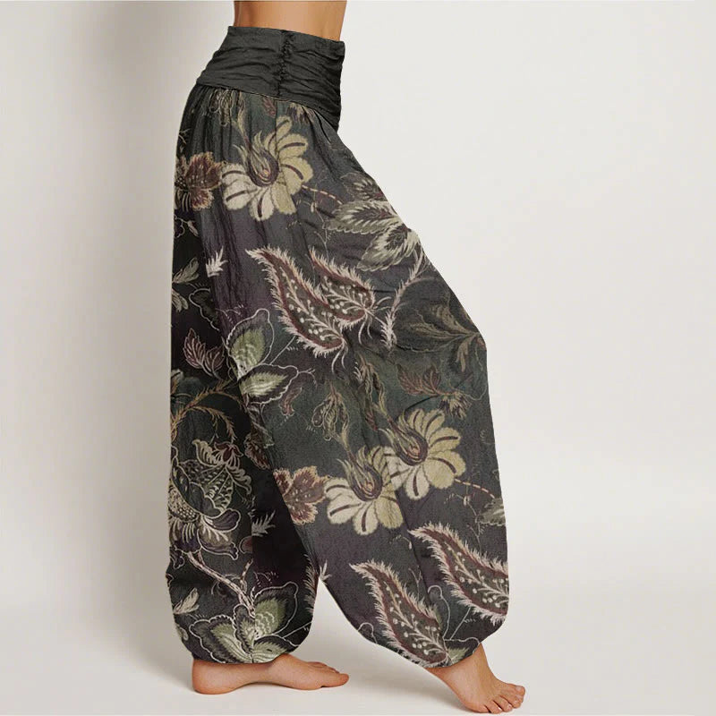 Buddha Stones Cotton Casual Floral Leaves Women's Elastic Waist Harem Pants