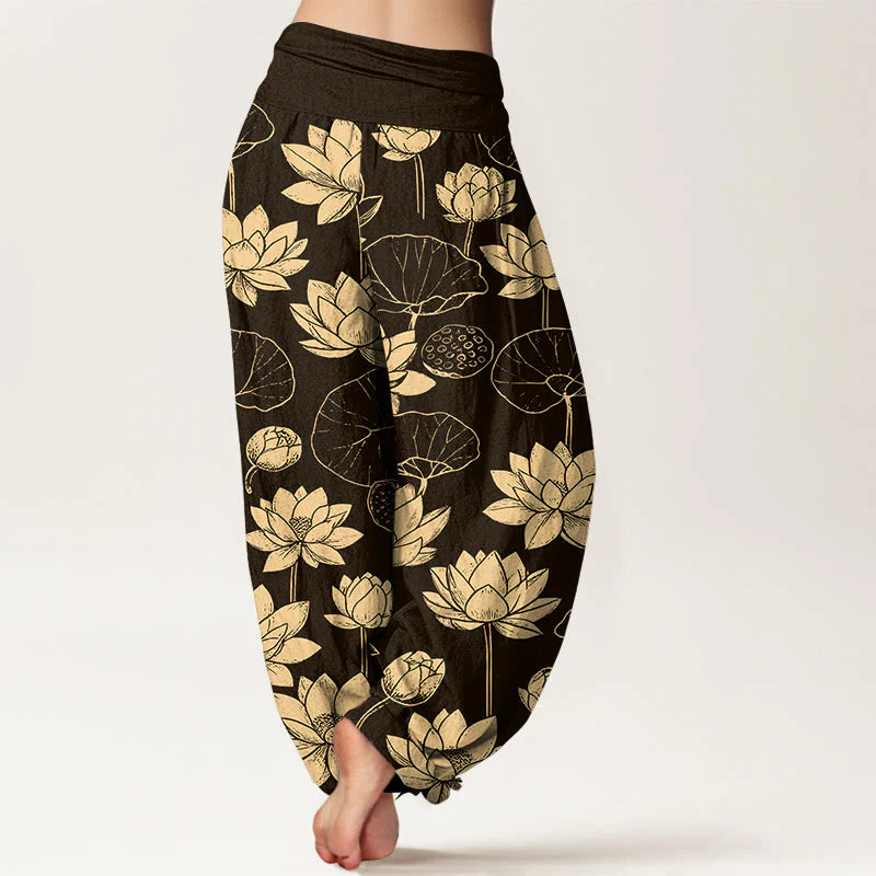 Buddha Stones Cotton Lotus Flowers Leaves Pods Pattern Women's Elastic Waist Harem Pants