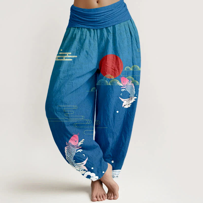 Buddha Stones Koi Fish Red Sun Waves Clouds Pattern Women's Elastic Waist Harem Pure Cotton Pants