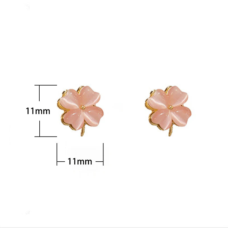 Buddha Stones Rotatable Design Four-Leaf Flower Pink Cat's Eye Support Stud Earrings