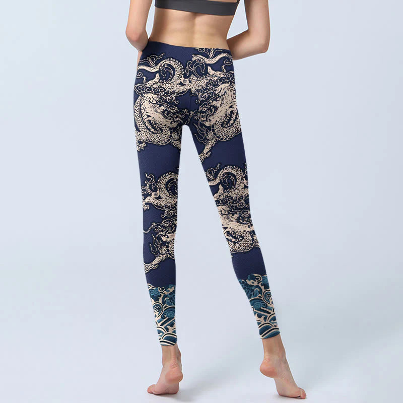 Buddha Stones Symmetry Dragon Wave Pattern Print Gym Leggings Women's Yoga Pants