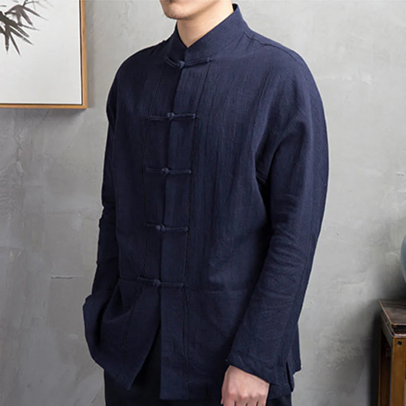Buddha Stones Solid Color Casual Frog-button Men's Shirt Clothing